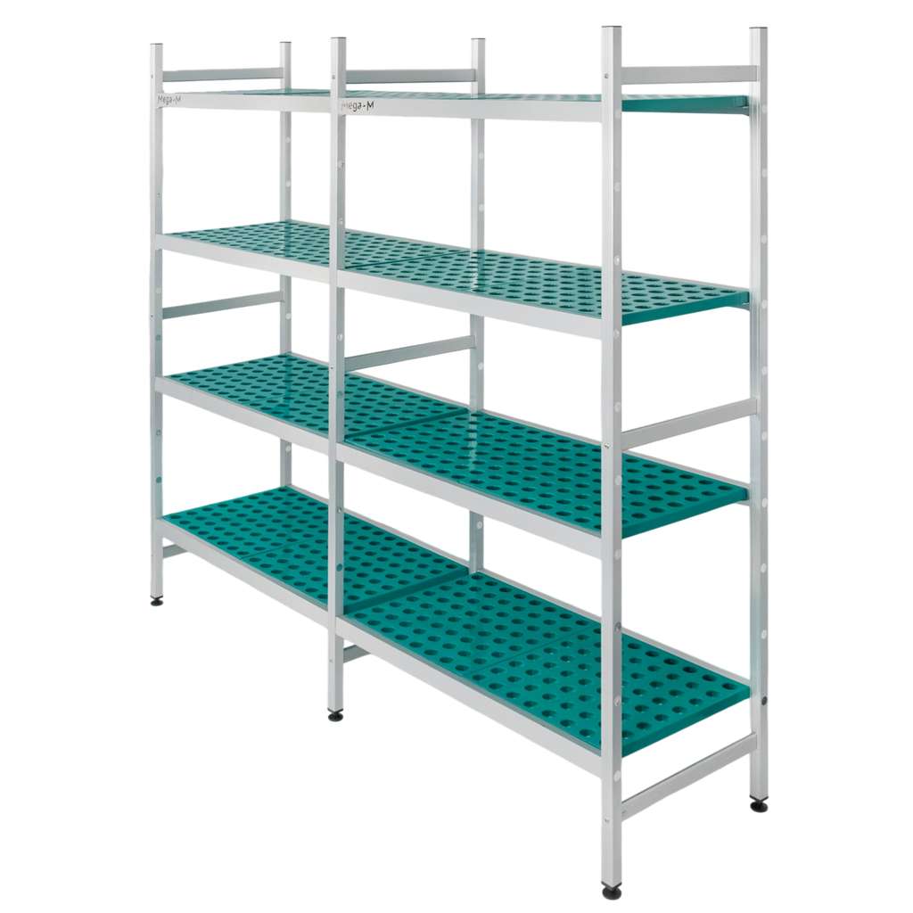 Regał aluminiowy Mega-M ALUFRI 4 półki z tworzywa sztucznego PP L-191 cm H-180 cm zestaw