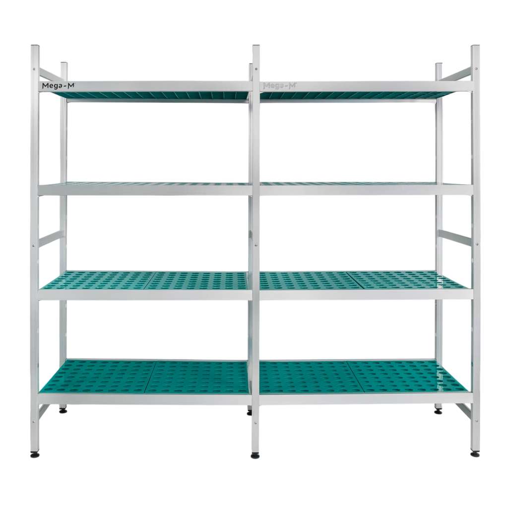 Regał aluminiowy Mega-M ALUFRI 4 półki z tworzywa sztucznego PP L-191 cm H-180 cm zestaw