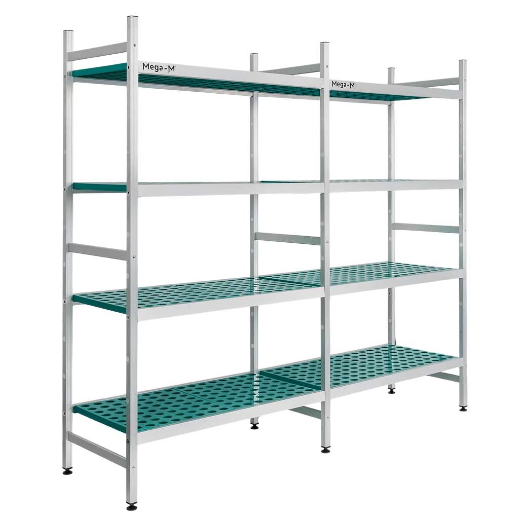 Regał aluminiowy Mega-M ALUFRI 4 półki z tworzywa sztucznego PP L-191 cm H-180 cm zestaw