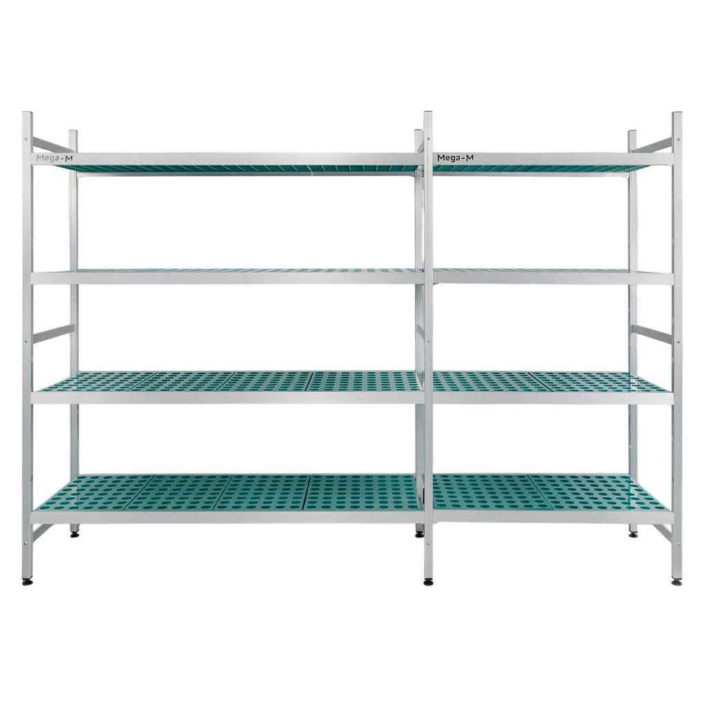 Regał aluminiowy Mega-M ALUFRI 4 półki z tworzywa sztucznego PP L-248 cm H-180 cm zestaw