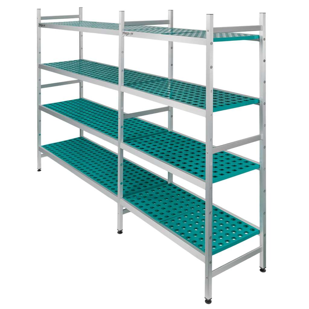 Regał aluminiowy Mega-M ALUFRI 4 półki z tworzywa sztucznego PP L-248 cm H-180 cm zestaw