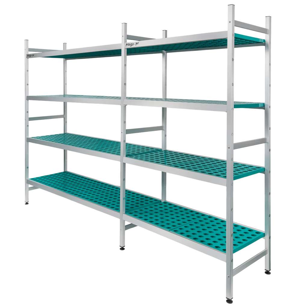 Regał aluminiowy Mega-M ALUFRI 4 półki z tworzywa sztucznego PP L-248 cm H-180 cm zestaw