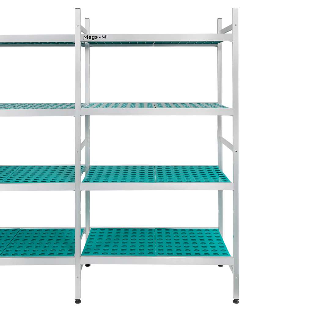 Regał aluminiowy Mega-M ALUFRI 4 półki z tworzywa sztucznego PP L-248 cm H-180 cm zestaw
