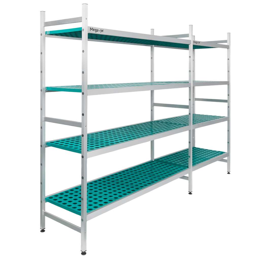 Regał aluminiowy Mega-M ALUFRI 4 półki z tworzywa sztucznego PP L-248 cm H-180 cm zestaw