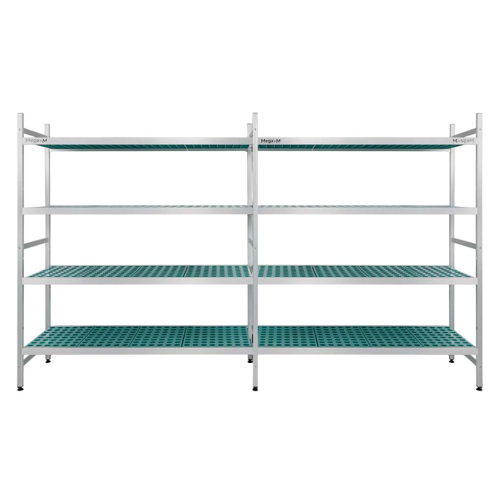 Regał aluminiowy Mega-M ALUFRI 4 półki z tworzywa sztucznego PP L-305 cm H-180 cm zestaw