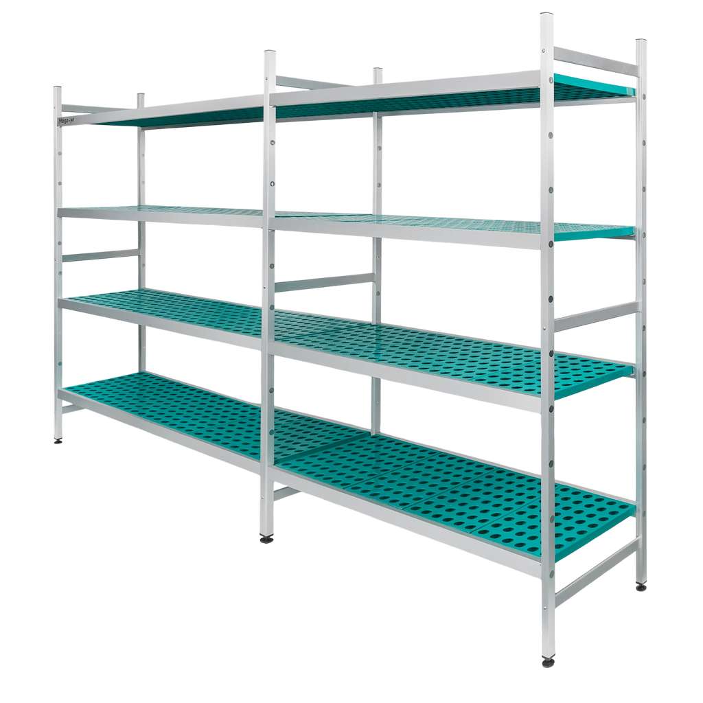 Regał aluminiowy Mega-M ALUFRI 4 półki z tworzywa sztucznego PP L-305 cm H-180 cm zestaw