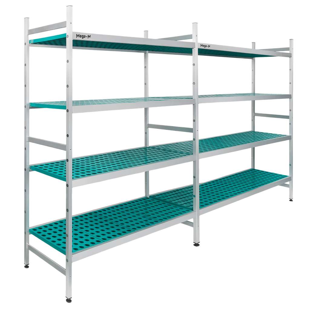 Regał aluminiowy Mega-M ALUFRI 4 półki z tworzywa sztucznego PP L-305 cm H-180 cm zestaw