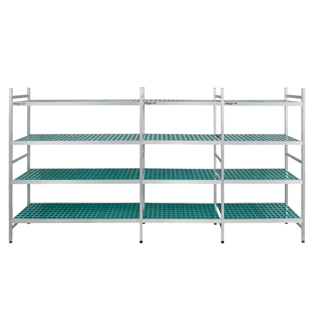 Regał aluminiowy Mega-M ALUFRI 4 półki z tworzywa sztucznego PP L-365 cm H-180 cm zestaw