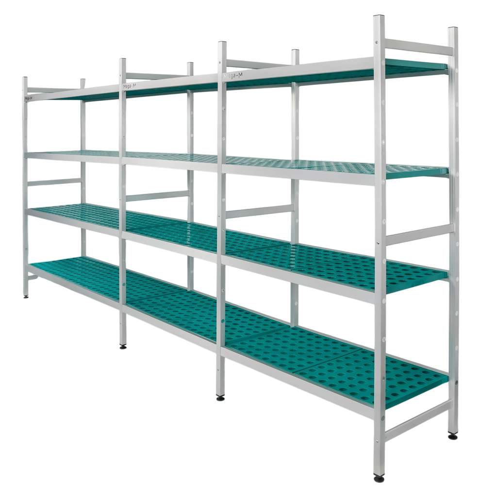 Regał aluminiowy Mega-M ALUFRI 4 półki z tworzywa sztucznego PP L-365 cm H-180 cm zestaw
