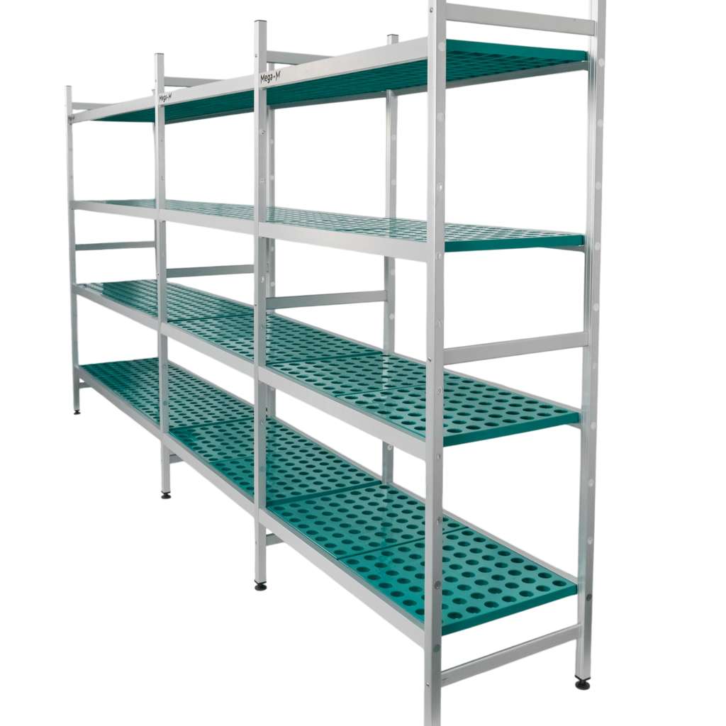 Regał aluminiowy Mega-M ALUFRI 4 półki z tworzywa sztucznego PP L-365 cm H-180 cm zestaw