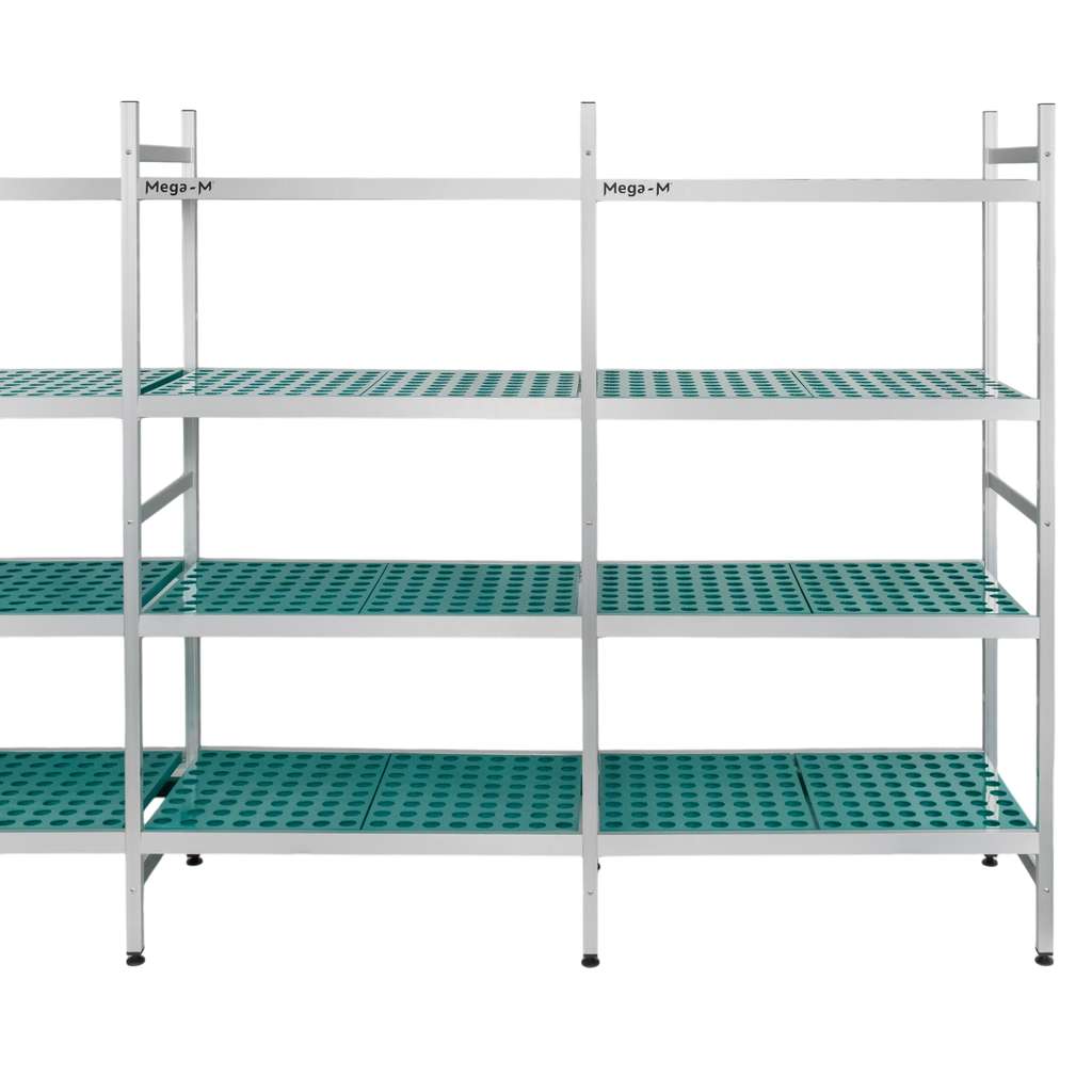 Regał aluminiowy Mega-M ALUFRI 4 półki z tworzywa sztucznego PP L-365 cm H-180 cm zestaw
