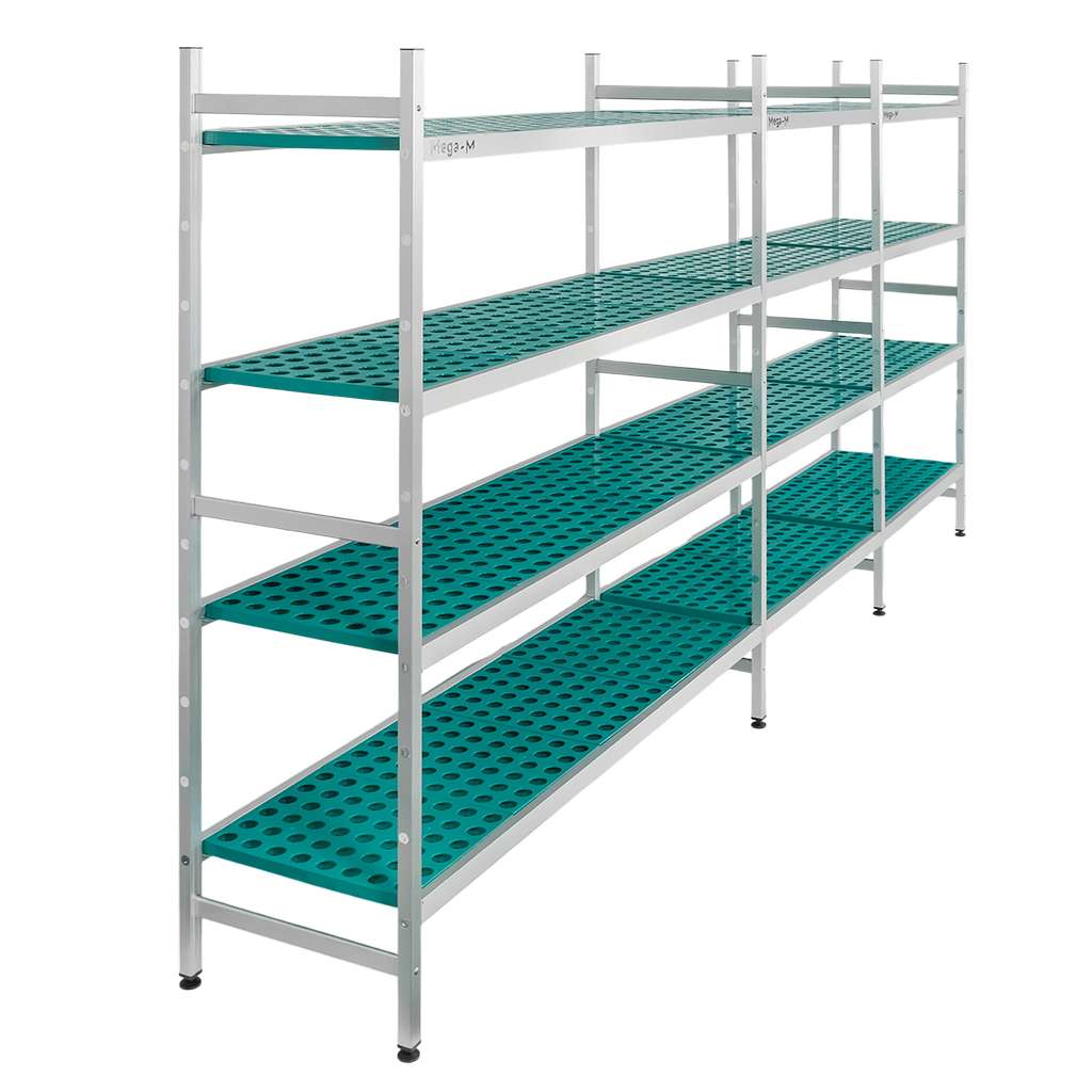 Regał aluminiowy Mega-M ALUFRI 4 półki z tworzywa sztucznego PP L-365 cm H-180 cm zestaw