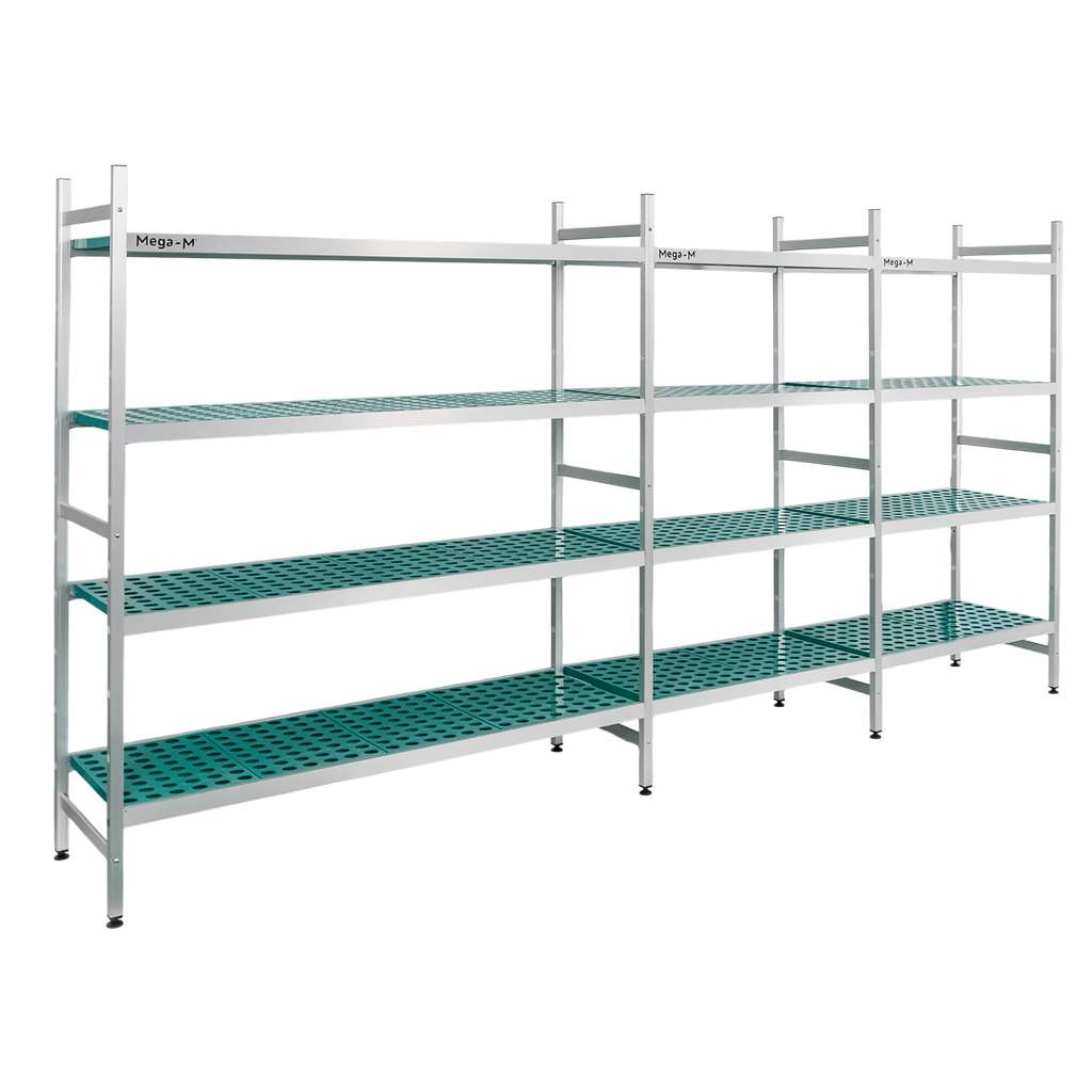 Regał aluminiowy Mega-M ALUFRI 4 półki z tworzywa sztucznego PP L-365 cm H-180 cm zestaw
