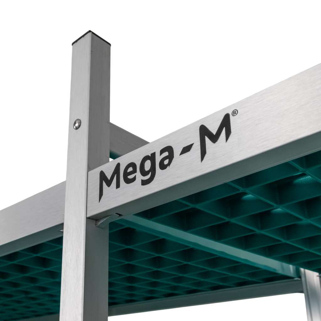 Regał aluminiowy Mega-M ALUFRI 4 półki z tworzywa sztucznego PP L-365 cm H-180 cm zestaw