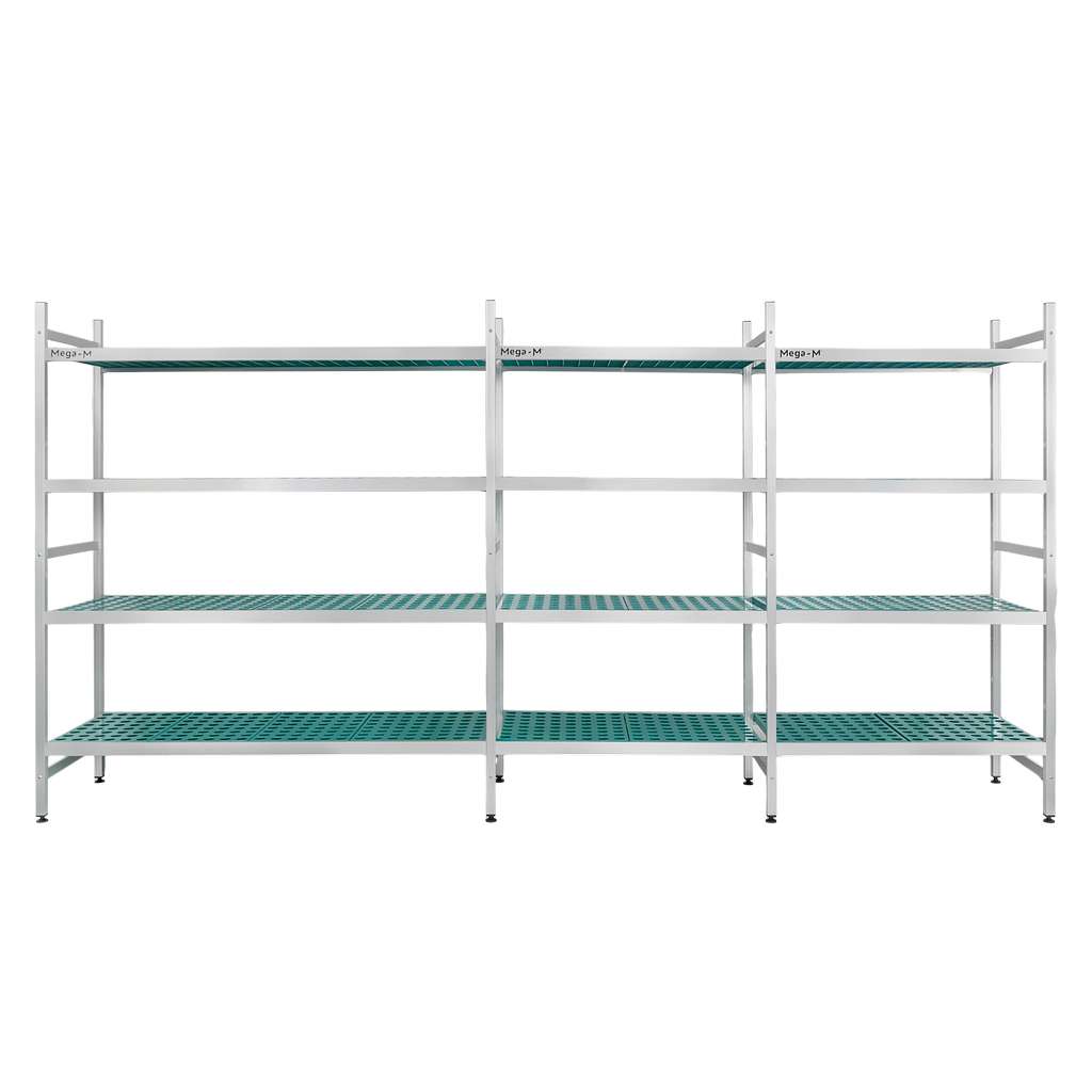 Regał aluminiowy Mega-M ALUFRI 4 półki z tworzywa sztucznego PP L-365 cm H-180 cm zestaw