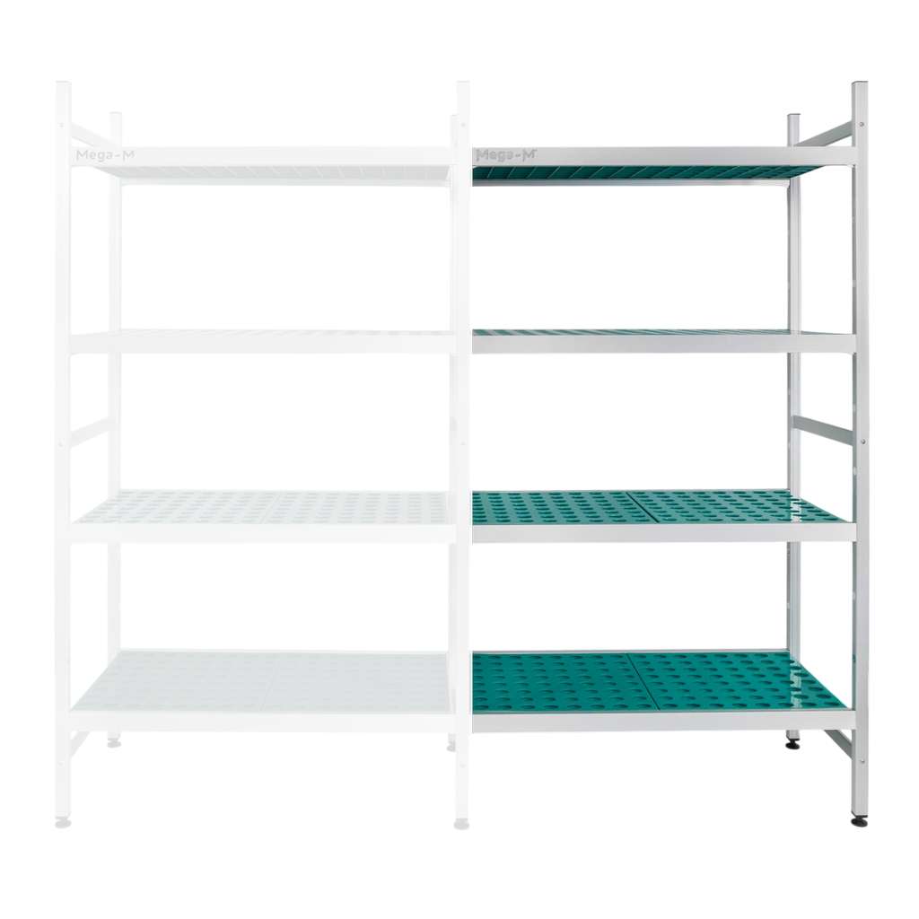 Regał aluminiowy Mega-M ALUFRI 4 półki z tworzywa sztucznego PP L-94 cm H-180 cm moduł dostawny