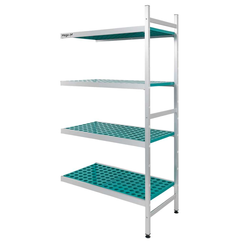 Regał aluminiowy Mega-M ALUFRI 4 półki z tworzywa sztucznego PP L-94 cm H-180 cm moduł dostawny