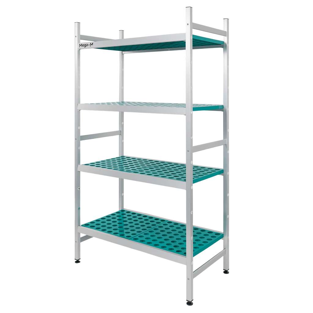 Regał aluminiowy Mega-M ALUFRI 4 półki z tworzywa sztucznego PP L-97 cm H-180 cm moduł bazowy