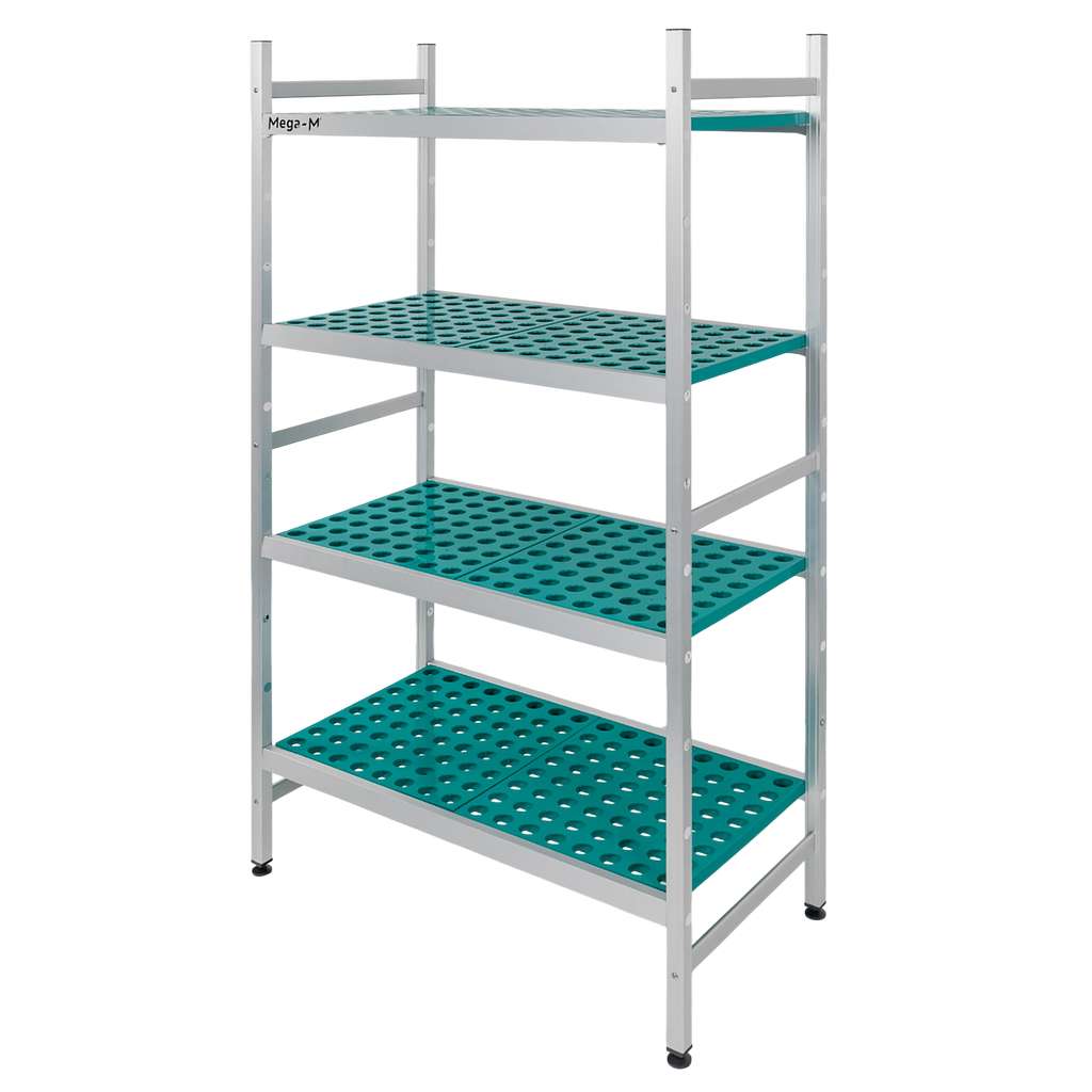 Regał aluminiowy gastronomiczny Mega-M ALUFRI 4 półki z tworzywa sztucznego PP L-97 cm H-180 cm moduł bazowy