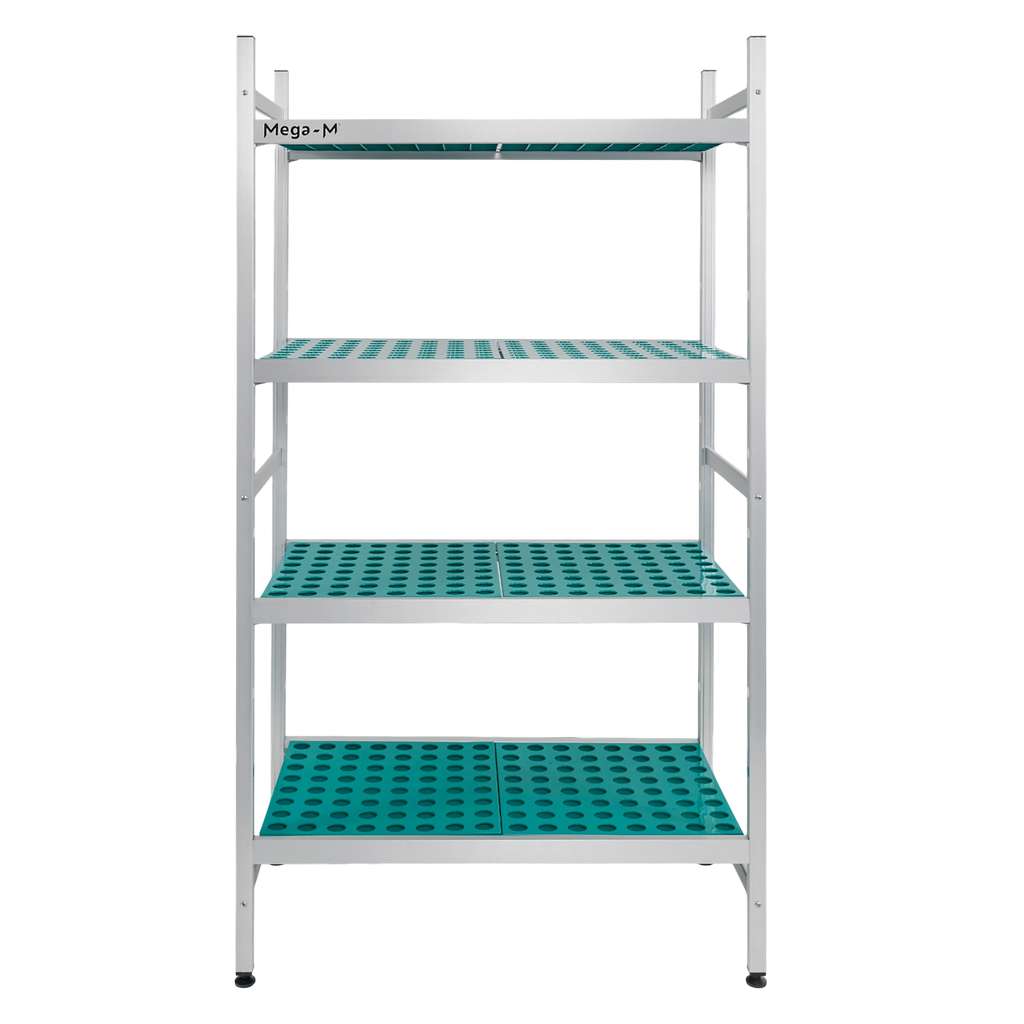 Regał aluminiowy gastronomiczny Mega-M ALUFRI 4 półki z tworzywa sztucznego PP L-97 cm H-180 cm moduł bazowyRegał aluminiowy gastronomiczny Mega-M ALUFRI 4 półki z tworzywa sztucznego PP L-97 cm H-180 cm moduł bazowy