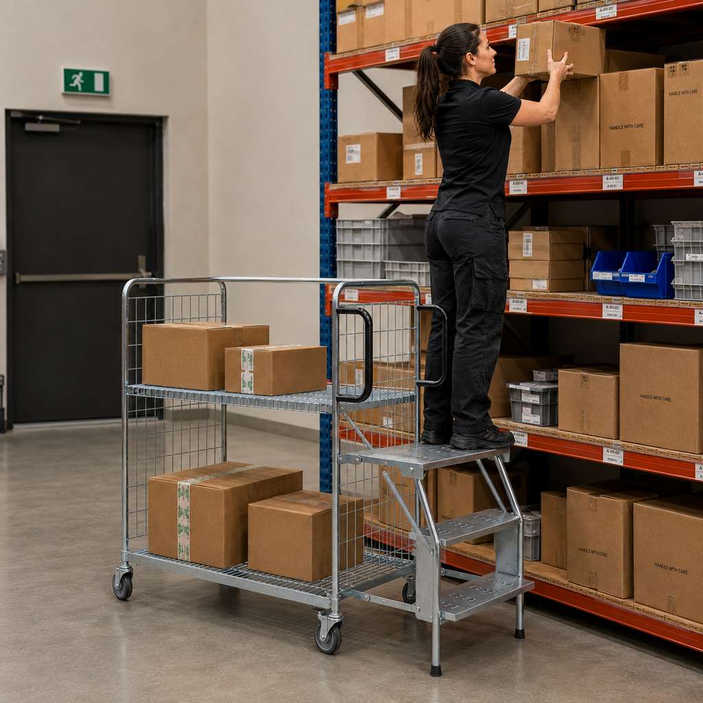 Wózek półkowy kompletacyjny FORKBERG PICKER H122 1 półka ocynk nośność 300 kg ze schodkami