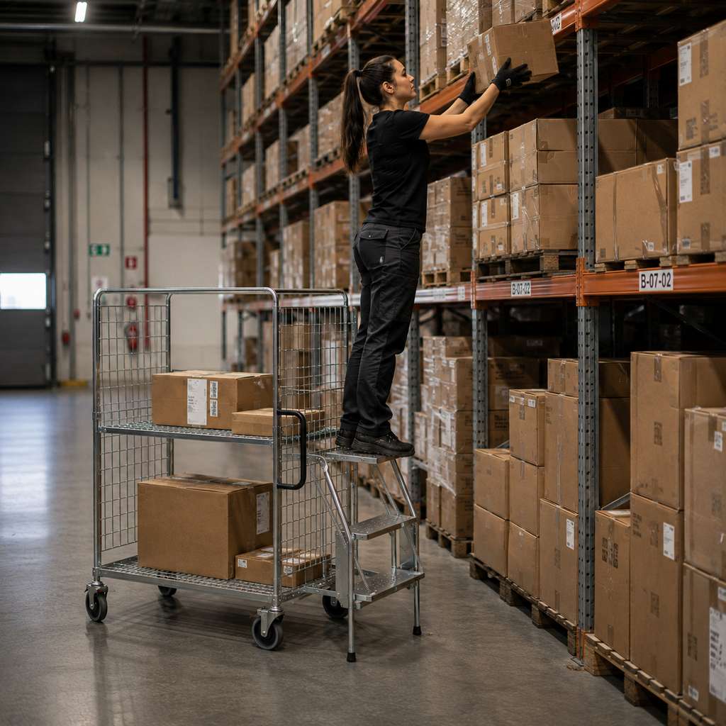 Wózek półkowy kompletacyjny FORKBERG PICKER H162 2 półki ocynk nośność 300 kg ze schodkami
