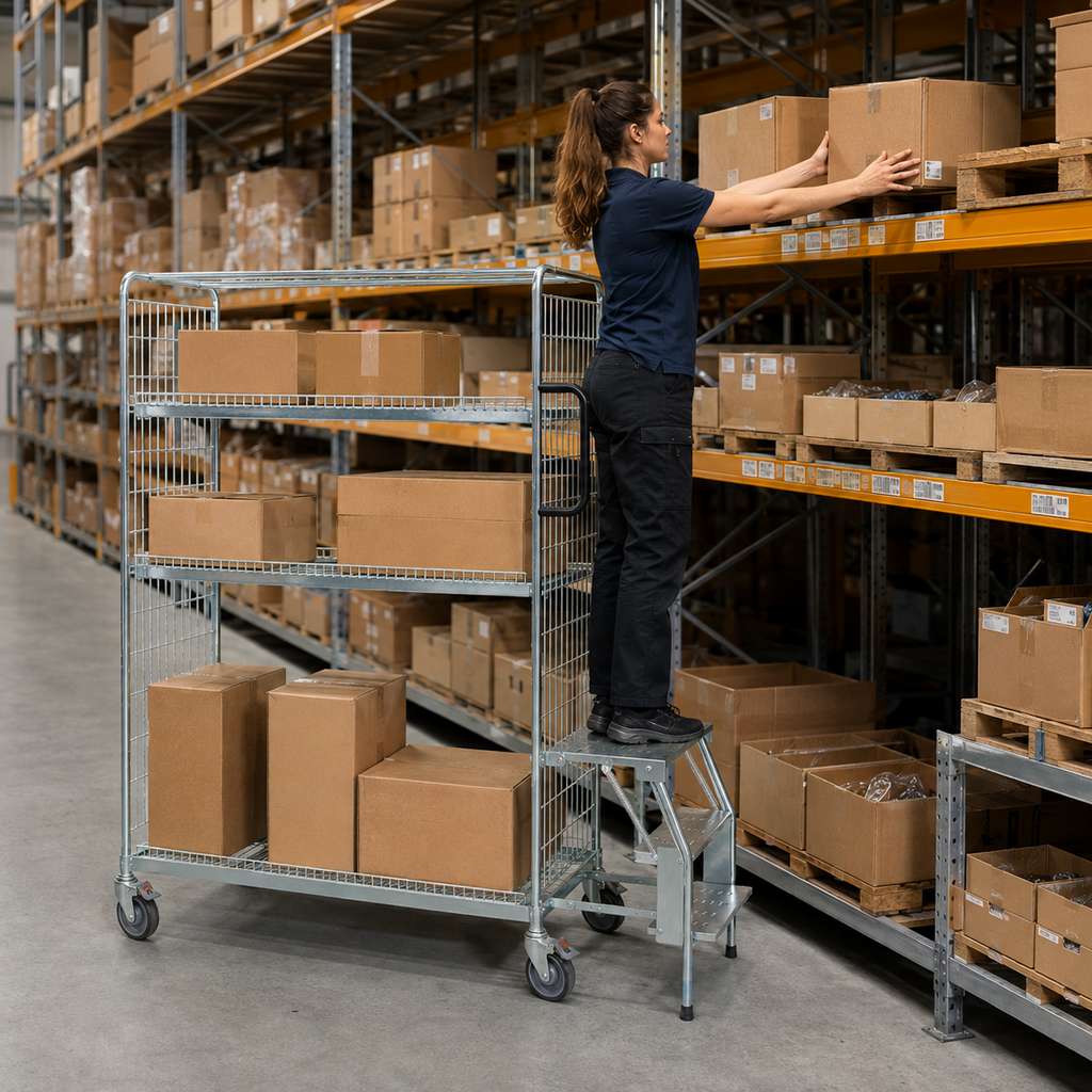 Wózek półkowy kompletacyjny FORKBERG PICKER H182 3 półki ocynk nośność 300 kg ze schodkami