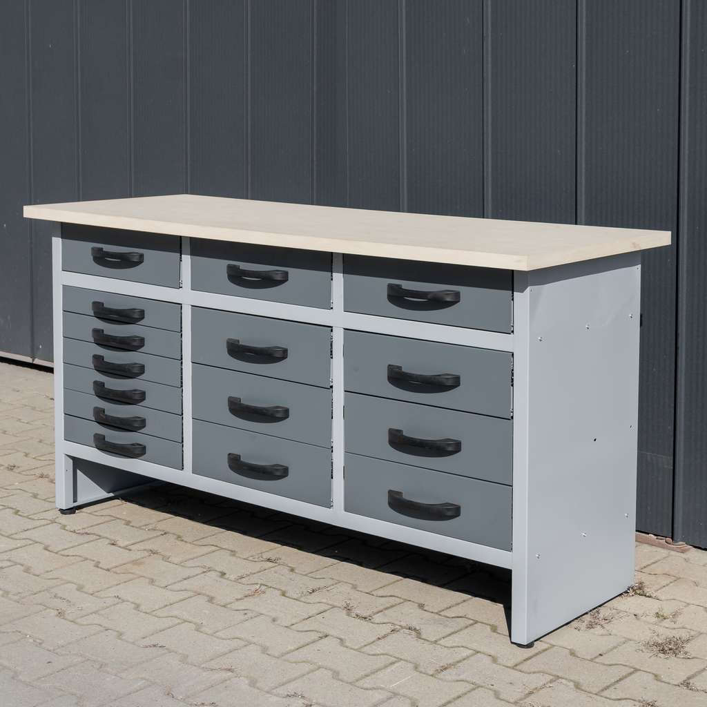 Stół warsztatowy z 15 szufladami WERKBERG HANDYMAN S-160 cm G-60 cm H-85 cm grafit/szary POWYSTAWOWY